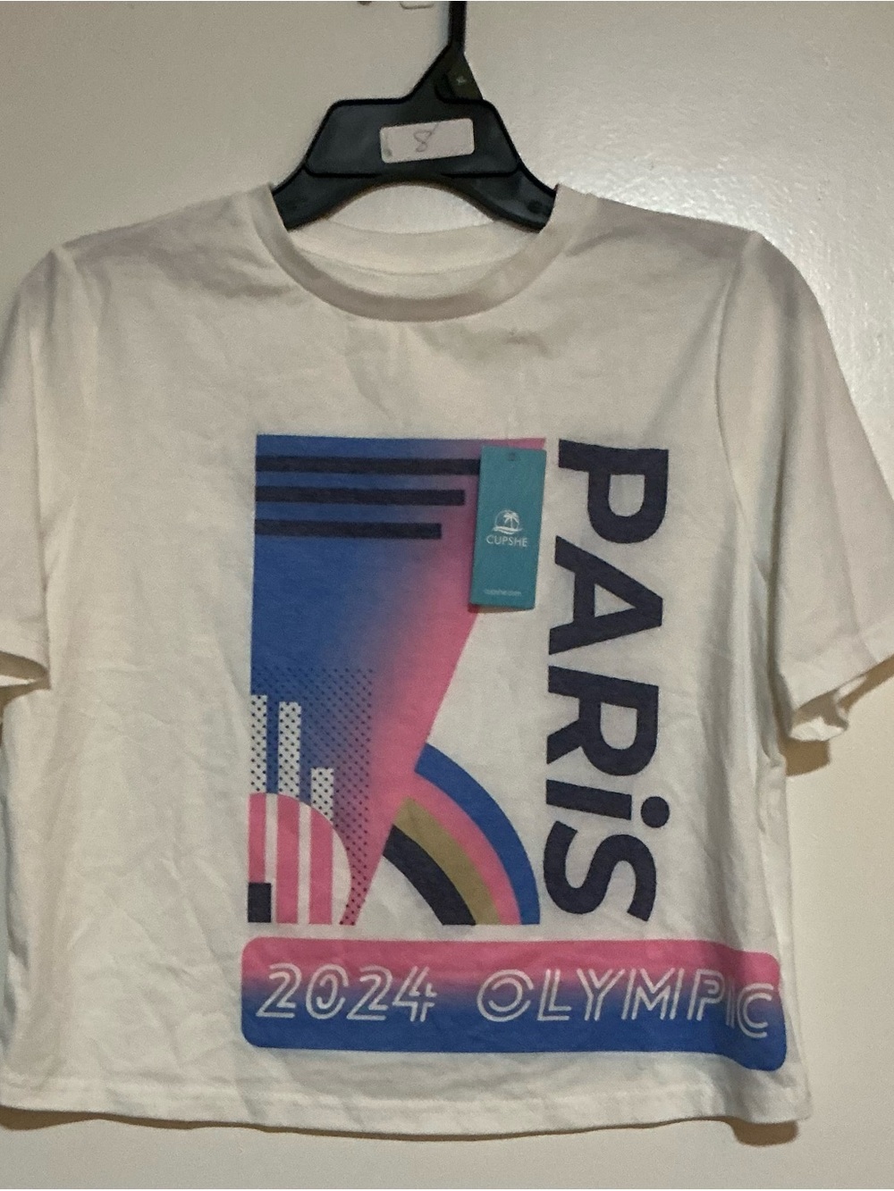 Cupshe White Graphic Tee with Blue and Pink Artwork